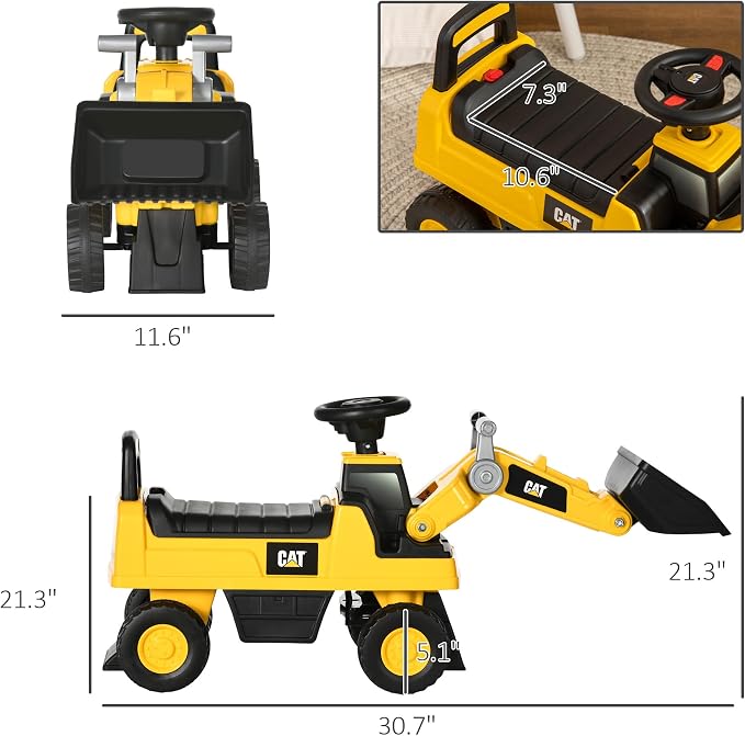Aosom Caterpillar CAT Licensed Ride on Excavator for Kids, Digger Construction Vehicle with Manual Shovel, Horn, Hidden Storage, Foot to Floor No Power Car for Years 1.5-3