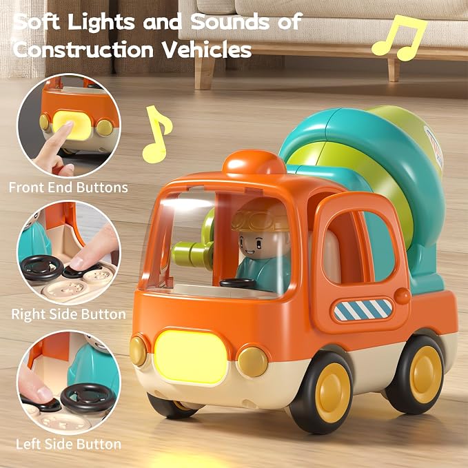 Baby Toys Push Cars for 1 2 3 Year Old Friction Powered Construction 3 Pack Friction Vehicle Set Excavator Dumper Cement Mixer Truck Lights and Musial Toys Birthday Gifts for Toddlers 1-3