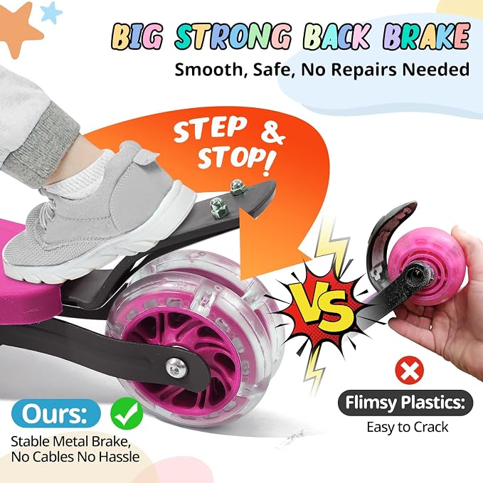 3 Wheel Kids Kick Scooter for Ages 3-12, Lean-to-Steer, Light-Up Wheels, 3-Level Adjustable Handlebar 27.5”-33”, Wide Non-Slip Deck, Dual Rear Brake,Travel Foldable, for Boys & Girls Toy Gifts