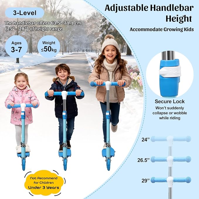 Kick Scooter for Kids 4-8, 2 Light Up Wheels, Heavy Duty Scooter with 3 Height Adjustable Handlebars, Rear Break, Widen Anti-Slip Deck, Max Load 110 Lbs for Boys Girls Ages 3+, 4.7Lbs