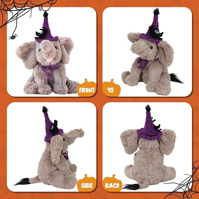 Hopearl Adorable Halloween Plush Calf Elephant Toy with Knitted Witch Hat Floppy Elephish Ultra Soft Haggable Stuffed Animal Gift for Boys Girls Kids Toddlers, Gray, 10''