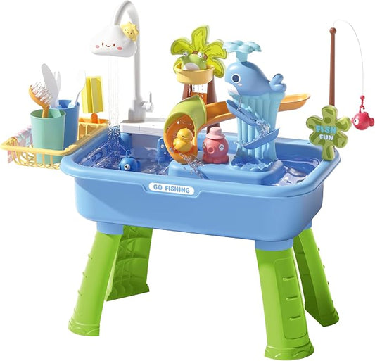 Water Table Toys for Toddlers 3+ - 43 PCS Summer Outdoor Games Sensory Toys for Boys Girls Birthday Gifts, Sand Beach Playset with Electric Water Pump & Fishing Toy & Kitchen Play Sink Toy, Yellow