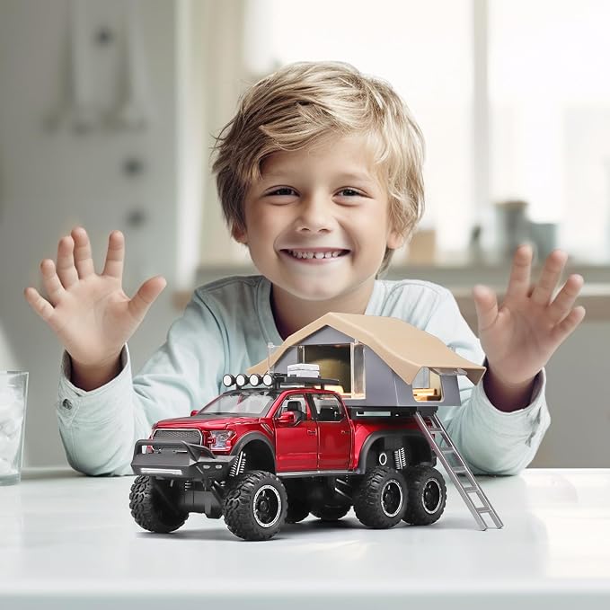OANMYJJO Toy Trucks for Boys Age 4-7,Trucks for Kids F150 Diecast Truck,Model F150 Pickup Truck with Sightseeing Cabin,Pull Back Cars with Light and Sound,Trucks for Kids Ages 4-8（Red）