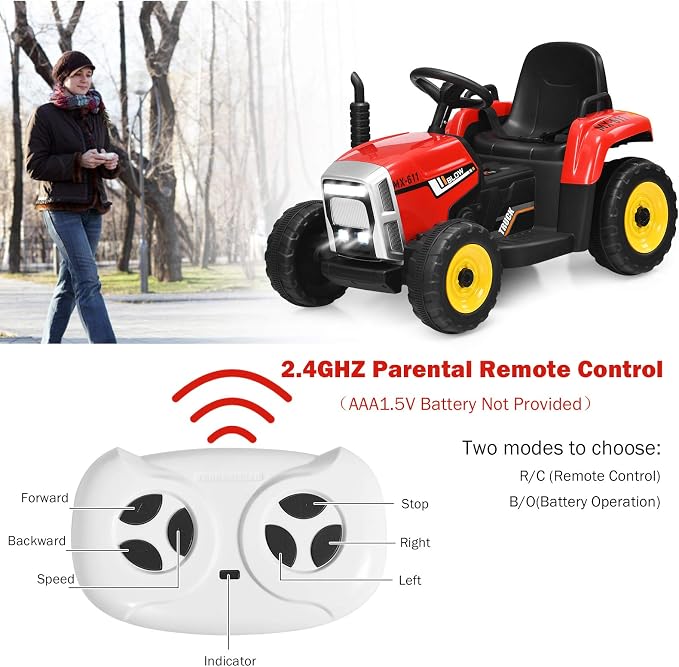 HONEY JOY Ride On Tractor with Trailer, Toddler 3-Gear-Shift Ground Loader, LED Lights, Horn, Music, 12V Battery Powered Electric Toy Tractor with Remote Control (Red)