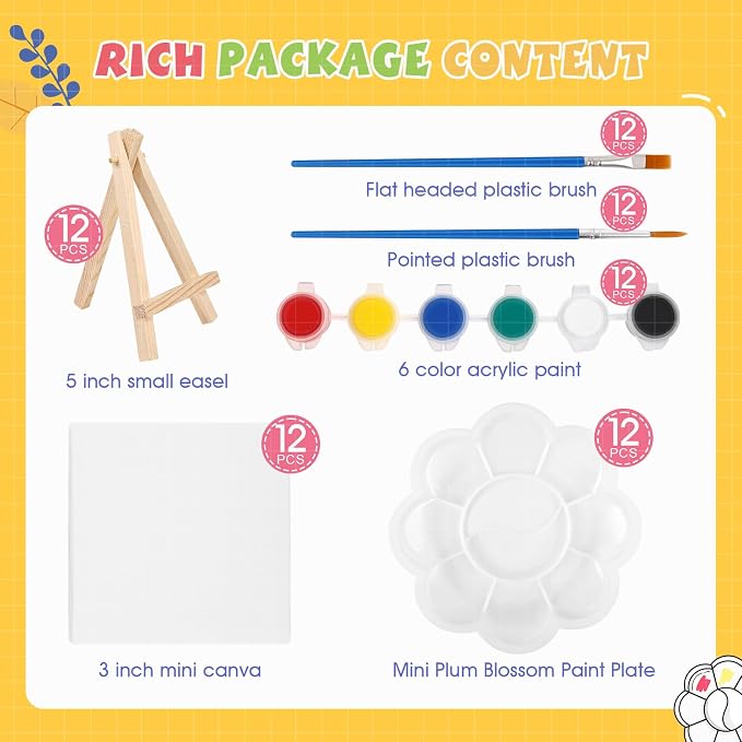 ESRICH 12 Set Mini Acrylic Paint Kit, Minis Stretched Canvas with Easel, Acrylic Paint Strips, Palettes, Painting Brushes, Mini Canvas and Easel Set for Kids Artists Beginner,Gift
