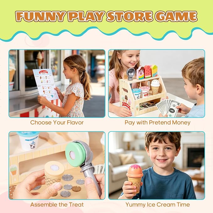 BROWNROOT Wooden Ice Cream Shop Toy with Menu and Play Money for Kids | Features cones, popsicles and cups made from wood, encouraging pretend play and creativity for ages 3+