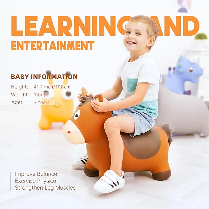 ZOOJOY Inflatable Horse Hopping Toys, Bouncy Animal Hopper Toys for Toddlers, Outdoor Indoor Bounce and Ride On Horse Bouncer for Boys Girls, Birthday Gifts for 18 Months 2 3 4 5 6 Year Old with Pump