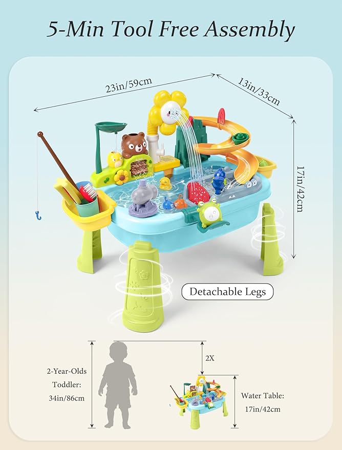 Water Table for Toddlers 1-3 with Pump: Summer Sensory Play Sink, Kitchen Fishing Playset with Running Water, Indoor Outdoor Montessori Water Toy Gift for Kids, BPA-Free, Non-Toxic