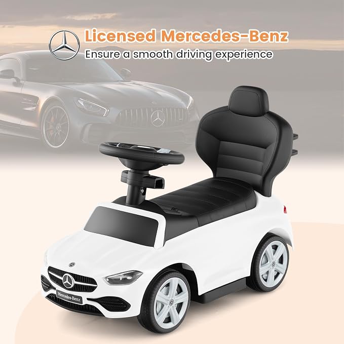 OLAKIDS Push Car for Toddlers, 3 in 1 Licensed Mercedes Benz Baby Sliding Walking with Parent Control Handle Adjustable Canopy Guardrail Under Seat Storage, Kids Ride on Toys with Horn (White)