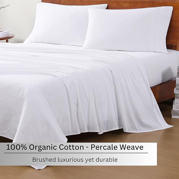 LANE LINEN Queen Sheets 100% Organic Cotton 8pc Percale Cooling - White | Queen Sheet Set, GOTS Certified Organic Cotton Percale - Best-Value Organic Cotton, Affordable Organic Luxury