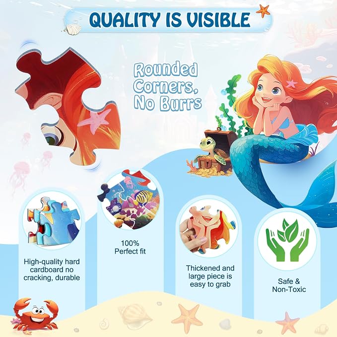 DIGOBAY Floor Puzzles for Kids Ages 3-5, 70 Pieces Mermaid Jigsaw Puzzle for Toddler Girls Ages 3 4 5 6 7 8 Year Old, Large Round Underwater Princess Puzzle Educational Learning Toys Birthday Gift