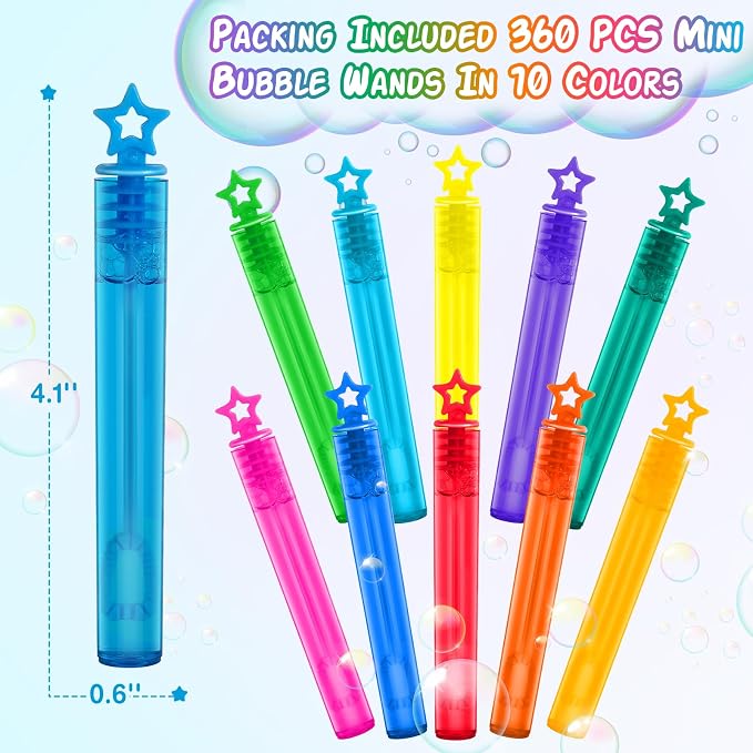 360 Pcs Mini Bubble Wands in 10 Colors, Bulk Party Favors for Kids, Themed Birthday, Christmas, New Year, Valentine, Carnival, School Classroom Prizes for Boys & Girls, Ideal Goodies Bags Stuffers