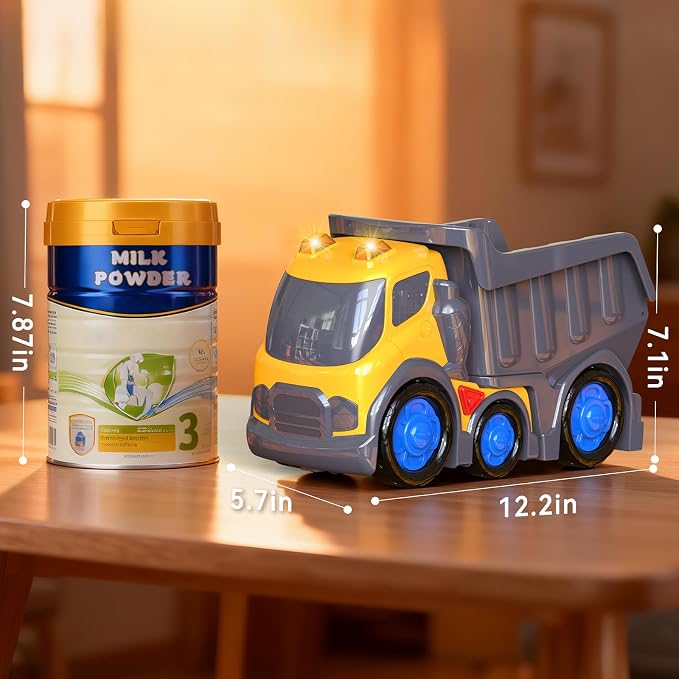 P&C 12.2" Toddler Construction Dump Truck Toys for Ages 2-4, Beach Sand Outdoor Toy Cars Dump Truck Set with Sounds and Lights for Kids 18M+, 2, 3, 4, 5, Ideal Birthday Christmas Gifts for Boys Girls