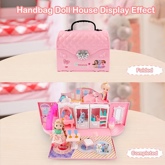 deAO Dollhouse Portable Backpack for Girls Pretend Playhouse with Furniture & Figures 2 in 1 Playhouse Set Birthday Toys for Age 3-6 Year Old Kindergarten Toddlers Preschoolers