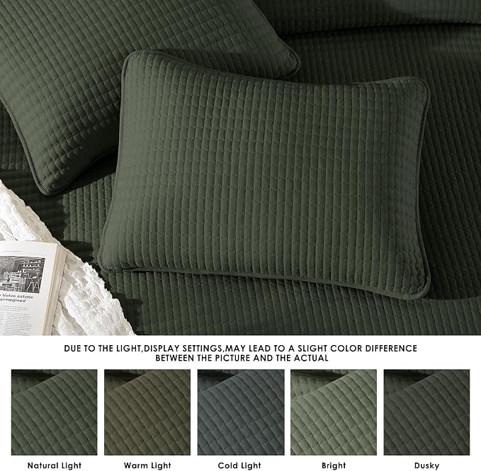 WRENSONGE Queen Quilt-3 Pieces Lightweight Bedspreads Dark Green Queen Size Quilt Bedding Set for All Seasons, Soft Summer Coverlet with 2 Pillow Shams Suitable for Bed, Couch