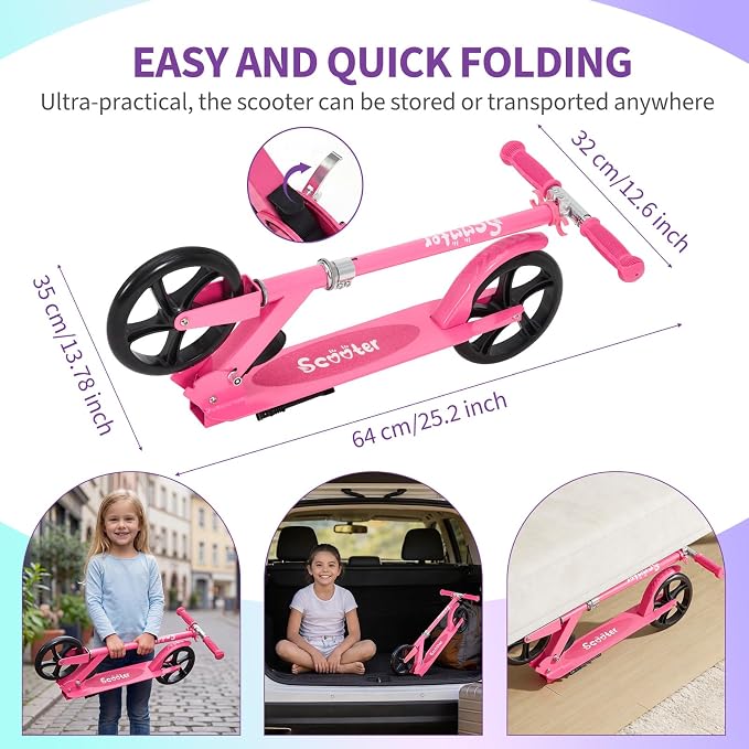 Kick Scooter for Ages 6+,Foldable Lightweight 8IN Big Wheels Scooter for Kids, Teen and Adults, 3 Adjustable Levels