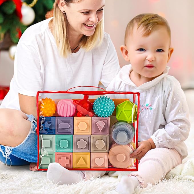 SpringFlower 3 in 1 Montessori Toys for Babies 0-3-6-12 Months, Soft Baby Teething, Stacking Building Blocks for Infants, Sensory Developmental Education Toys for Toddler Baby 12-18 Months,22 PCS