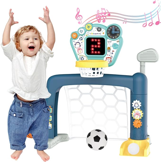 2026 Updated 4 in 1 Adjustable Basketball Hoop Soccer Goal for Toddlers 1-3,Kids Sports Toys with Golf Toy, LED Scoreboard, Music & Educational Games,Indoor & Outdoor Baby Activity Center