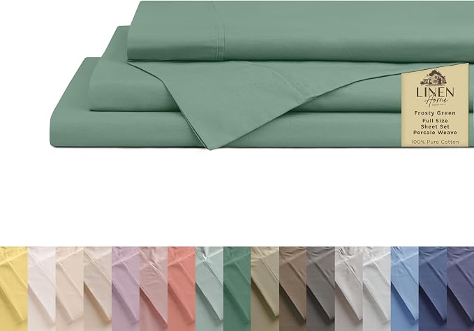 Linen Home 100% Cotton Percale Sheets Full Size, Frosty Green, Deep Pocket, 4 Pieces Set- 1 Flat, 1 Fitted and 2 Pillowcases, Crisp Cool and Long Staple Strong Bed Linen