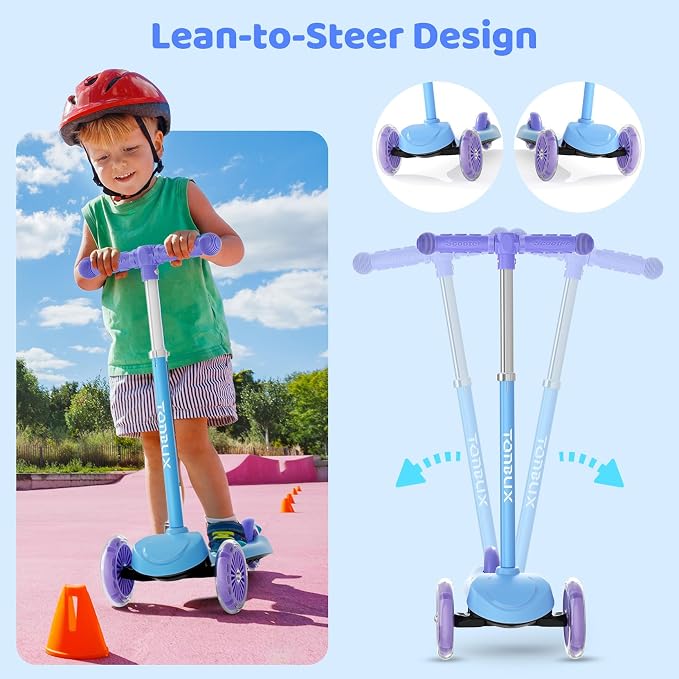 TONBUX Kids Scooter for Ages 3-5, Toddler Scooter with Light-Up Deck and Wheels, Adjustable 4-Level Height 3-Wheel Scooters for Kids, Lean-to-Steer Design