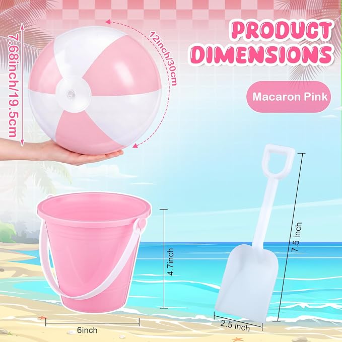 Lunmon 72 Pcs Beach Toys for Kids 24 Set Sand Buckets Shovels Bulk Pastel Beach Balls Inflatable Sand Toys for Girls Boys Toddlers Games Birthday Summer Pool Party Favor (Pink White, Vivid)