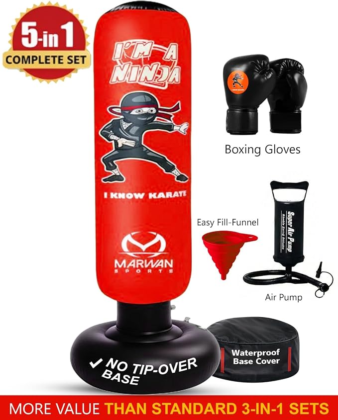 Marwan Sports Ninja Kids Punching Bag — Inflatable Sensory Toy & Birthday Gift for Boys & Girls Ages 4-12, 63" Freestanding 5-in-1 Kit, Indoor Apartment-Quiet Sensory-Friendly Active Play