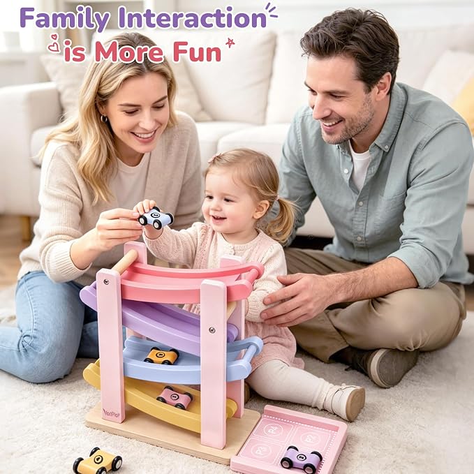 Vanplay Car Ramp Toys for One Year Old Girl Birthday Gifts, Montessori Toys for 1 2 Year Old, Wooden Race Track Truck Toy with 4 Mini Cars, First Christmas Birthday Gifts for Toddler Girl Toys 1-3-2-4