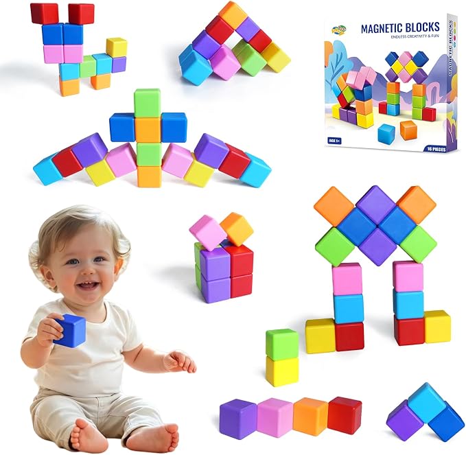 Large Magnetic Building Blocks, 8 Colors 1.65 Inch Magnetic Blocks for Toddlers 1-3, Magnet Cubes Sensory Stacking Learning Toys, Birthday Gifts for Boys and Girls, 16PCS