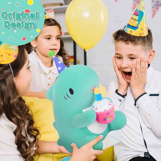 Auspicious beginning Birthday Gift Shark Plush Stuffed Animal, 11.8'' Kawaii Soft Birthday Shark Plush Toys with Holding Cute Birthday Cake Gift for Girls Boys, Children's Day, Anniversary, Green