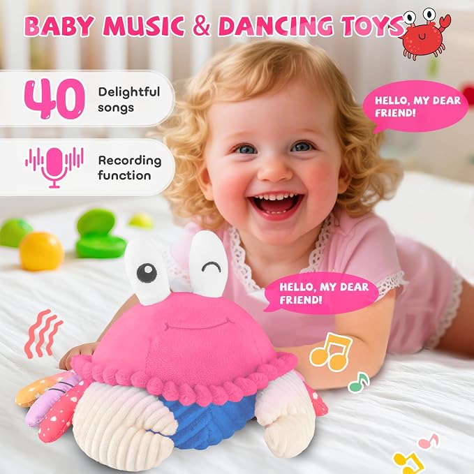SAIMAND Pink Crawling Crab Baby Toy – Interactive Musical Plush Toy with 40 Songs & Voice Recorder, Sensory Baby Toy for Infants, Soft Toddler Gift for Girls 1-3
