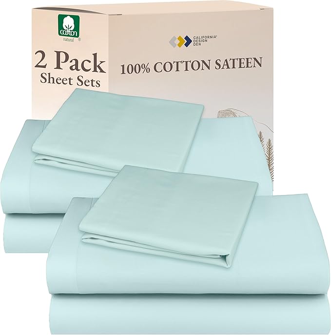 California Design Den 100% Cotton Pack of 2 Twin XL Sheet Sets, Soft & Durable Extra Long Twin Bed Sheets Cotton with 12" Pockets, Twin XL Sheets with Sateen Sheets (Seafoam)