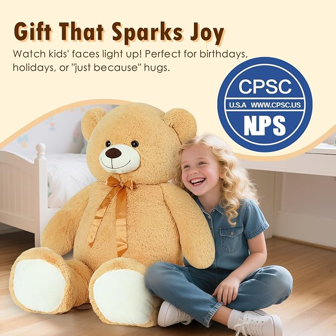 Tezituor 40 Inch Giant Teddy Bear,Large Light Brown Stuffed Animal Plush,Big Soft Cuddly Teddy Bear Plush Toy,Gift for Kids,Girls,Boys,Girlfriend,Baby Shower,Valentine’s Day,Christmas,Birthday