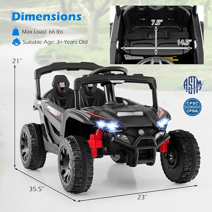 Costzon 12V Kids UTV Ride On Car, Battery Powered Electric Vehicle with Remote Control, 3 Speeds, LED Lights, Music, Horn & Spring Suspension, Off-Road UTV for Boys & Girls 3+ Years Old (Black)