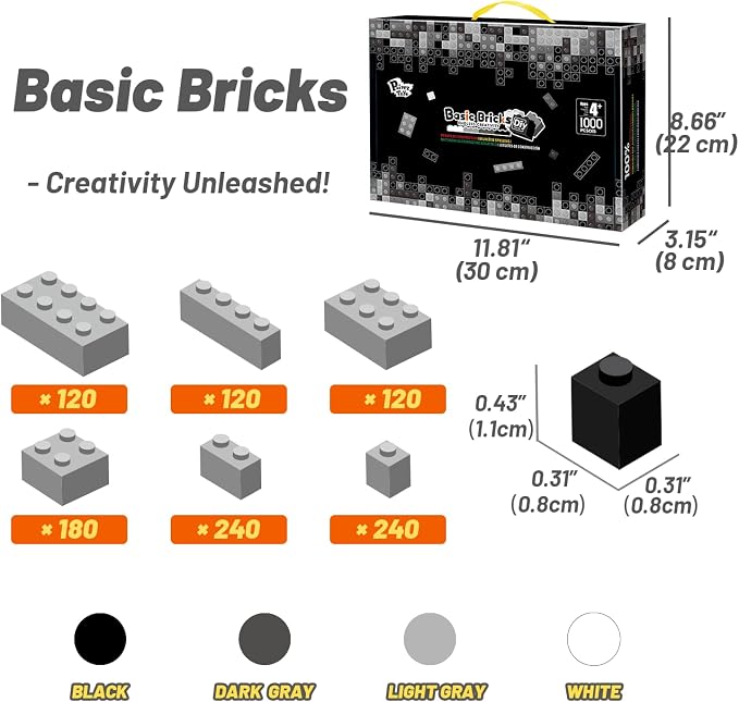 Pairez Toys 1000 Piece Blocks for Building, Classic Bulk 2x4 Basics Bricks Building Set, Compatible with All Major Brands, Creative STEM Building Toys for Kids Ages 4 5 6 7 8 (Black & Gray & White)