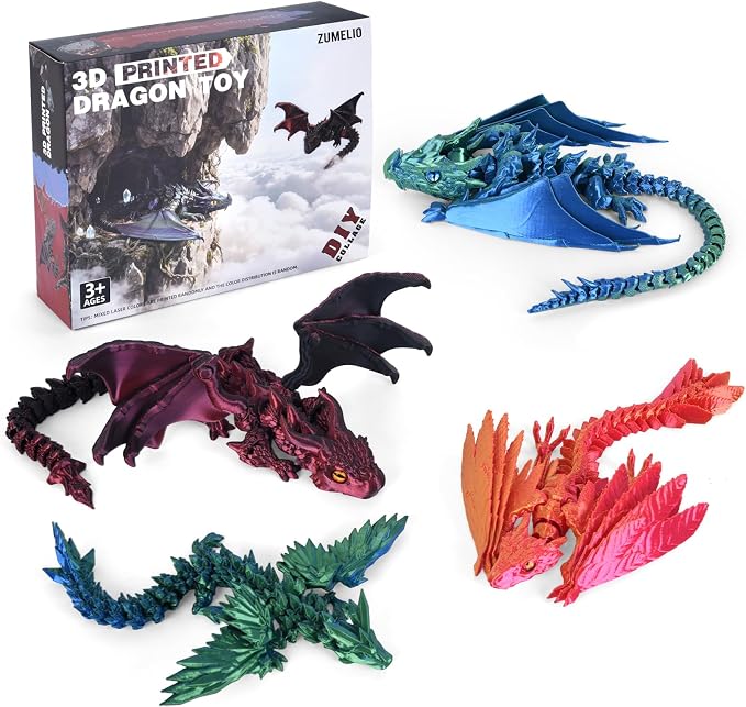4PCS 12 Inch 3D Printed Dragons, Feathered Wyvern Figure with Wings, Dragon Desk Decor, Collectible Toy for Dragon Lovers(Mixed Colors-D)