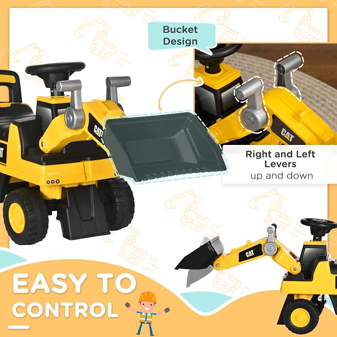 Aosom Caterpillar CAT Licensed Ride on Excavator for Kids, Digger Construction Vehicle with Manual Shovel, Horn, Hidden Storage, Foot to Floor No Power Car for Years 1.5-3