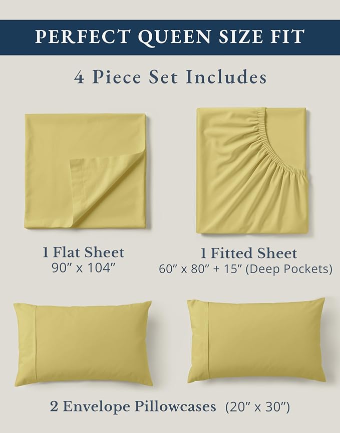 LANE LINEN Queen Size Bed Sheets 100% Organic Cotton Soft 4pc - Cocoon | GOTS Certified Organic Cotton Percale Queen Sheet Set - Affordable Organic Luxury, Honest-Price Organic Quality