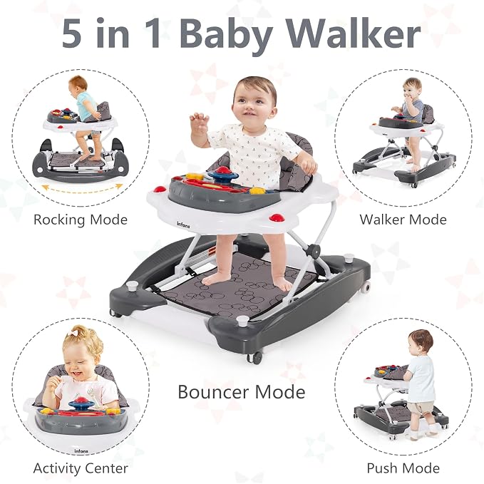 INFANS Baby Walker, 5 in 1 Behind Walker Learning Seated Rocker Bouncer with Removable Music Tray, Adjustable Height, Washable Seat Cushion, Foldable Activity Center for Toddlers (Grey)