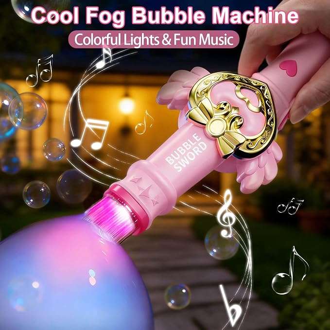 Aooess Fog Bubble Machine for Kids 3+, Mist Bubble Wand with LED Lights and Music, USB Rechargeable Bubble Toy, Complete Kit with Gloves & Bubble Solution, Indoor Outdoor Party Favors for Boys Girls