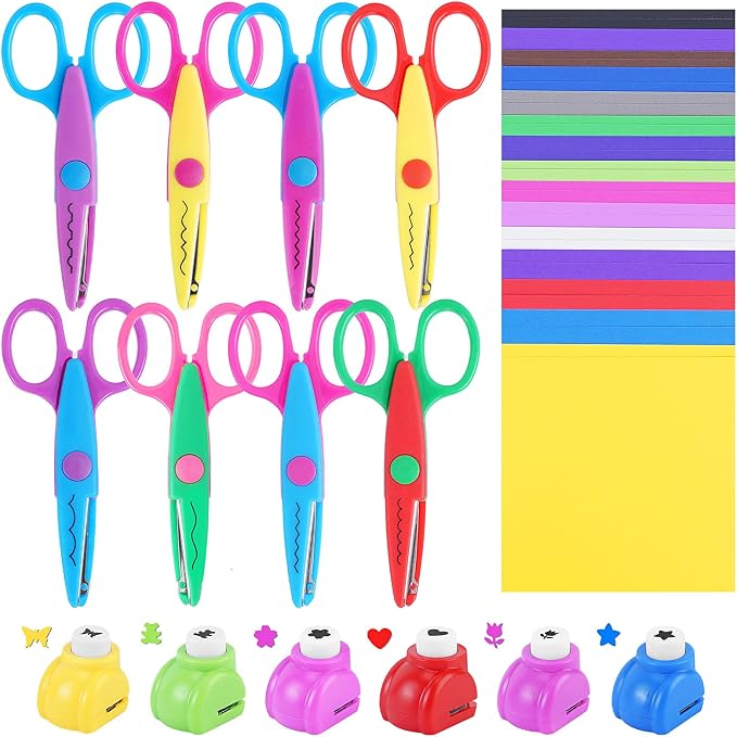 UCEC 44 Pack Arts and Crafts Supplies Kit for Kids, 8 Decorative Edge Craft Scissors, 6 Shape Paper Punchers, and 30 Sheets Colored Cardstock Paper for DIY Scrapbooking, Card Making, School Classroom
