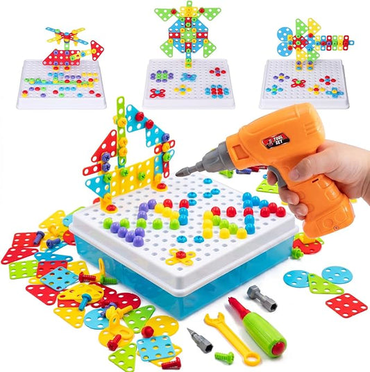 STEM Drill & Build Kit for Kids Ages 3-8 | Electric Toy Drill with 193+ Pieces (Screws, Nuts, Rainbow Fasteners) | Creative Design Construction Toys for Boys Girls | Gift for Birthdays, Christmas