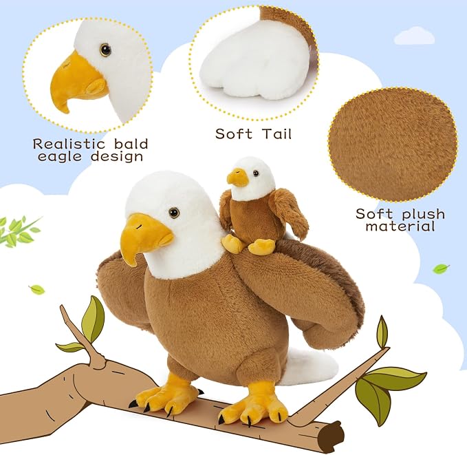6 Piece Bald Eagle Plush Toy Set, 16 Inch Mother Eagle Stuffed Animal with 3 Baby Eagles and 2 Eggs, Soft Eagle Plush Family for Kids Boys Girls, Birthday for Bird Lovers
