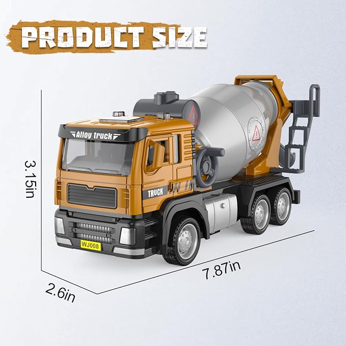 1:50 Die-Cast Concrete Mixer Truck Toy, Pull-Back with Lights Sounds, Rotating Mixing Drum, Opening Doors, with Simulated Gravel, for Kids 3-9