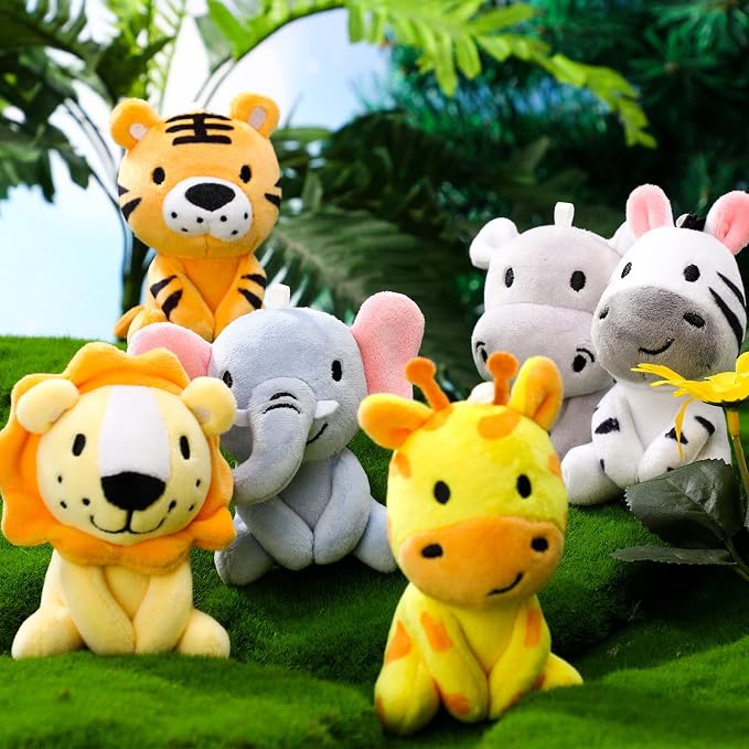 Aoriher 6 Pcs Small Stuffed Animals, 4 Inch Mini Stuffed Woodland Safari Animals Including Lion, Giraffe, Elephant, Tiger, Hippo for Baby Shower, Birthday Party Decorations and Student Rewards(Lovely)