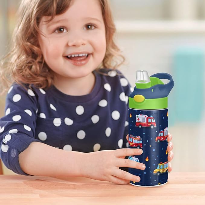 Boccsty Cartoon Ambulance Car Kids Water Bottle with Straw Lid Firefighter Fire Truck Insulated Stainless Steel Reusable Tumbler for Boys Girls Toddlers 12 oz Green
