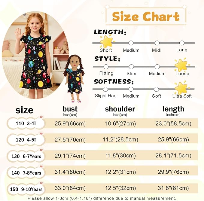 AmzBarley Matching Doll & Girl Pajamas Girls Nightgowns Sleepwear Night Dress for Kids and 18 inch Doll Clothes