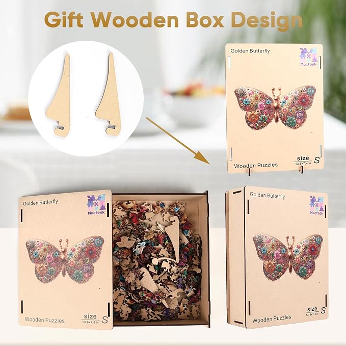 Mocfesk Wooden Puzzles for Adults, Golden Butterfly Puzzles, Unique Shaped Jigsaw Puzzles for Adults and Kids, Birthday Gifts Fun Family Game 13.8 x 7.4 in