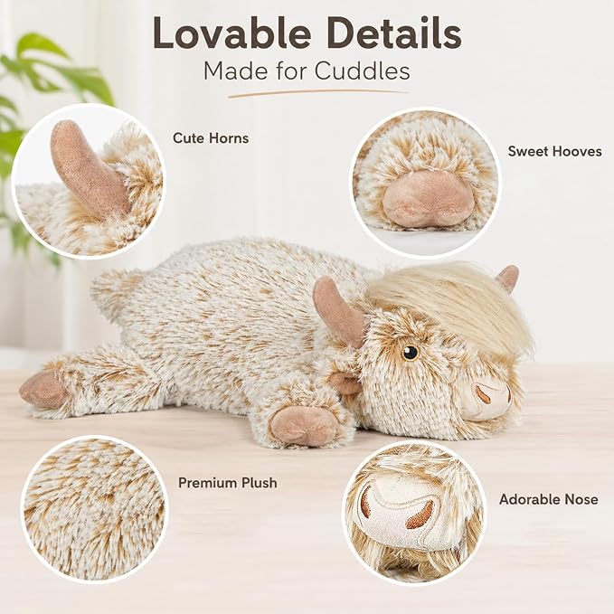 Microwavable Highland Cow Stuffed Animal, 1.4Lb Weighted Stuffed Animals Heating Pad with Lavender Scent, Cozy Warm Plush Toy for Kids,Girls,Women, Cute Soft Gift for Bedtime, Relax & Comfort
