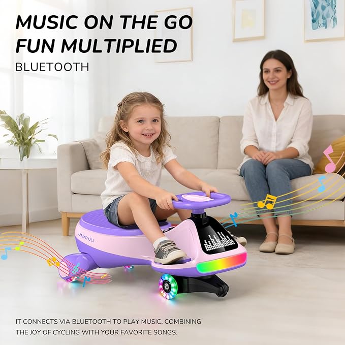 Umatoll 12V Electric Wiggle Car for Kids with Pedal, Display, Rechargeable Battery, LED Light, Bluetooth, Light-Up Wheels, Anti-Rollover, 2 Speeds, Ride on Toys, Birthday Gifts for Age 3+, 150Lbs