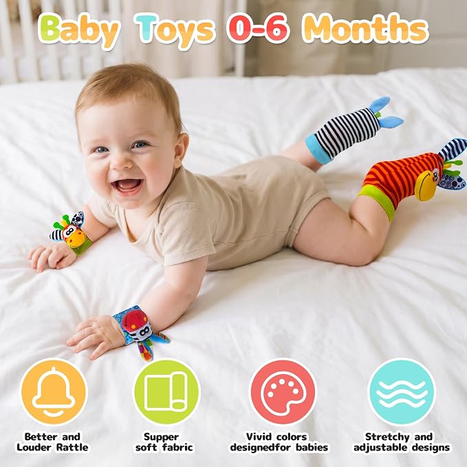 Baby Toys 0-6 Months, Infant Rattle Socks, Wrist Hand & Foot Finder Socks Set,Soft Newborn Sensory Toys,Infant rattles for Babies 0 3 6 Months,Girl Boy Shower Gifts 6-12 Months